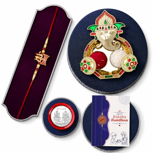Image of Oblivion Stylish Metal Rakhi Gift Set for Raksha Bandhan with Decorative Pooja Thali, Silver-Colour Coin and Greeting Card - Multicolour 5-Piece