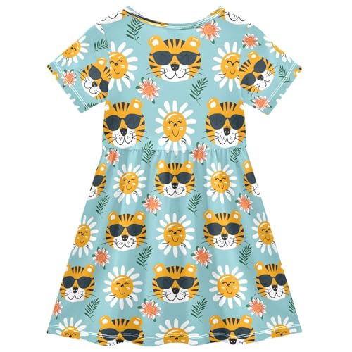 Summer Girl Dresses Cute Tiger Face 2 Toddler Short Sleeve A-line Dress Casual Sundress2