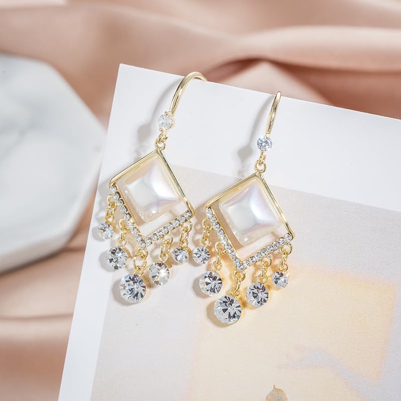 18K Gold Plated Elegant Gold-Tone Dangle Earrings with Faux Pearl Center and Cubic Zirconia – Statement Vintage Chandelier Style for Women - Image 3