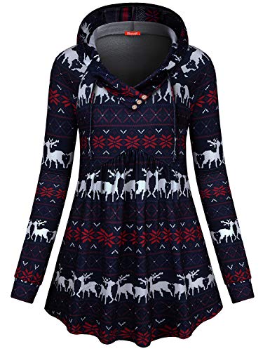 BLEVONH Women V Neck Hooded Sweatshirt Long Sleeve Empire Waist Tops Tunic (Navy Blue, Large)