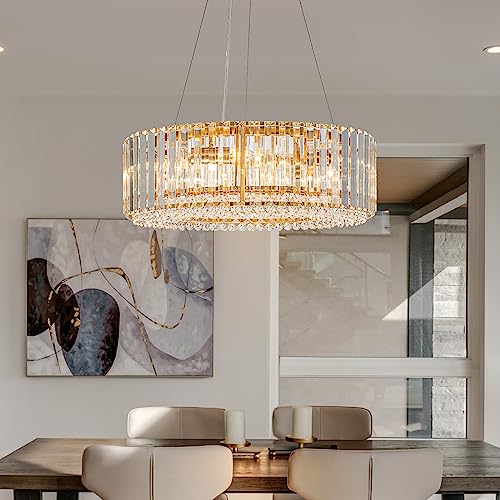 Lingkai Modern Round Crystal Chandelier, 19.7 in 6-Light Luxury Crystal Pendant Light Fixture E12 Bulbs Semi Flush Ceiling Adjustable Hanging Core Light, Gold
