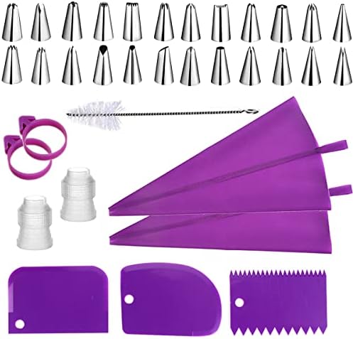 Piping Bags and Tips Set, 34Pcs Bake Cake Decorating Kit with 24 Stainless Steel Tips, 2 Reusable Silicone Pastry Bags, 3 Icing Smoother, 2 Couplers, 2 Frosting Bags Ties and 1Pipe Brush (Purple)