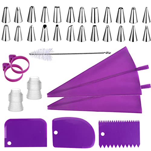 Piping Bags And Tips Set, 34Pcs Bake Cake Decorating Kit With 24 Stainless Steel Tips, 2 Reusable Silicone Pastry Bags, 3 Icing Smoother, 2 Couplers, 2 Frosting Bags Ties And 1Pipe Brush (Purple) #TOP1