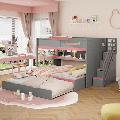 Image of Merax Full Over Full Wood Bunk Bed with Twin Size Trundle with Stairs & Hidden Storage & Shelves, Built-in 3-in-1 LED Lights, Multi-Level Storage Hub, Space-Saving Bedroom Furniture, Gray+Pink