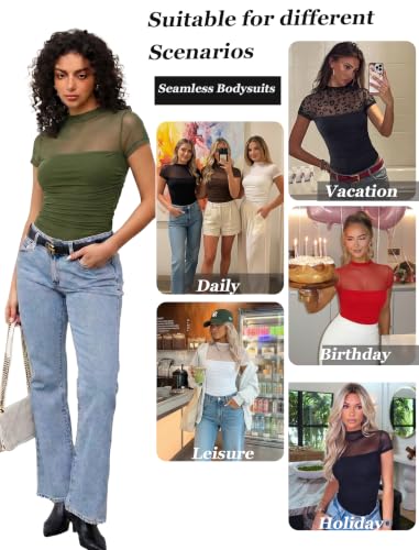 Image of Avidlove Women's Short Sleeve Bodysuit Turtle Neck Body Suits Mesh One Piece Leotard Going Out Tops Date Outfits