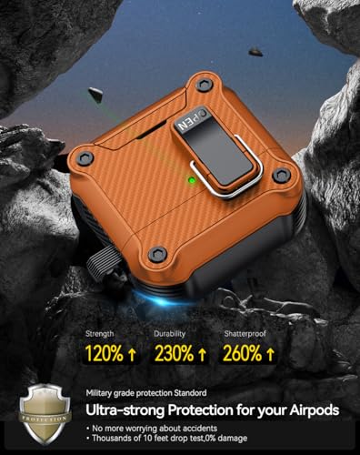 Image of Pohgelan for AirPods 4 Case with Safety Lock-Orange | Carbon Fiber Texture Cover,Magnetic Automatic Lock with Cleaning Kit&Keychain,Compatible with Magsafe