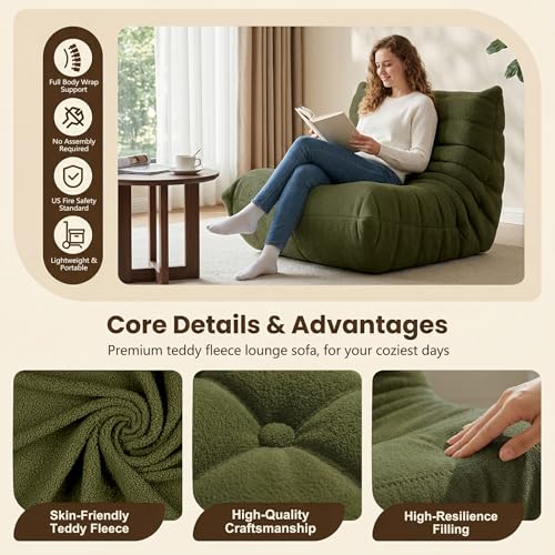 Image of Gazecaia Comfy Bean Bag Chair for Adults Teens | Fireside Floor Lounge Chair, Soft Teddy High-Resilience Memory Foam Bean Bag Couch with Non-Slip Base, for Living Room Bedroom Apartment Office, Green