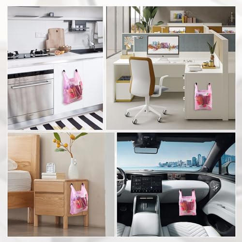 Image of Car Trash Bag Hanging Disposable Car Garbage Bag Pack of 200 Small Auto Trash Bag for Car with 4 Hook for Car Kitchens Bedrooms Offices During Travel and Camping (Pink)