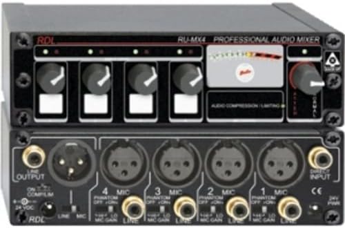 RDL RU MX4 MicLine Mixer 4 CH with Expansion Capability, Switchable 24V Phantom for Each Input - Power Supply Included