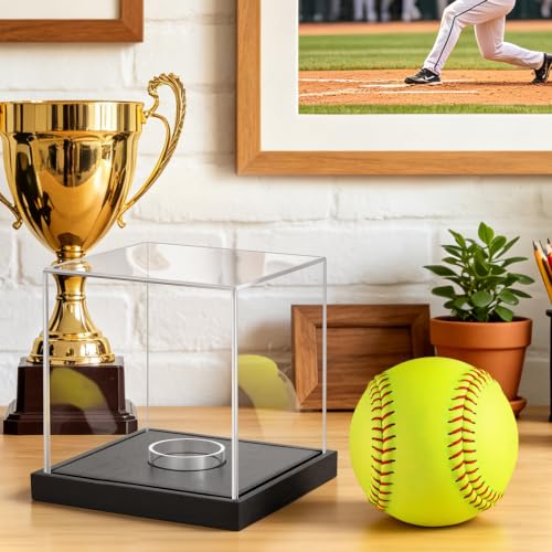 Image of Hooqict Softball Display Case Clear Acrylic Ball Holder Softball Holder Display Case UV Protected with Wood Base Stand Championship Sports Collections Box for Game Ball Baseball