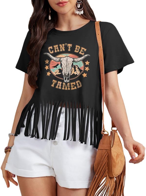 Women Graphic Tees Western Shirts Vintage Cowgirl Fringe Shirt Country Concert Tops Short Sleeve - Image 6