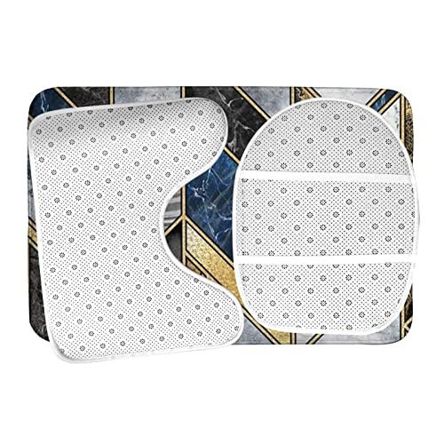 DIRYKILP Badematte + Konturmatte + Toilettendeckelbezug, Blau Golden Geometrischer Marmor 3 Stück Badematten Set, mit rutschfester Klebeunterseite – Bild 7