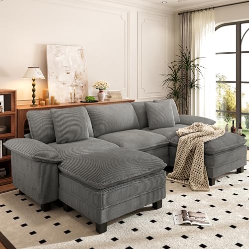 Image of PHI VILLA Cloud Modular Couch Sets, 123.6 inch Oversized Sectional Sofa with U-Shaped Chaise, 5-Seater Couches with 2 Movable Ottomans for Living Room, Corduroy Grey