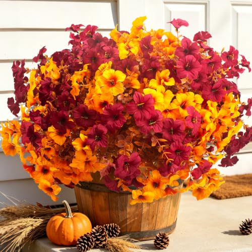 16 PCS Faux Fall Petunias Flowers, UV Resistant Artificial Outdoor Plants | Outside Fake Plants for Outdoor Planters Garden Porch Patio Window Box Autumn Decor