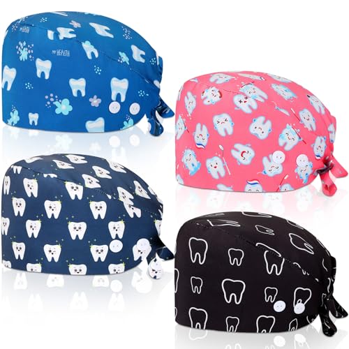Image of Unittype 4 Pcs Nurse Caps for Women Nursing Working Caps with Button and Sweatband Adjustable Elastic Scrub Hats for Dentist