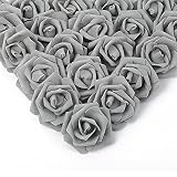 IPOPU Artificial Rose Flower Heads, 100 Pcs Real Looking Silver Gray Foam Fake Roses for DIY Wedding