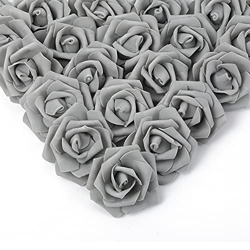 Ipopu Artificial Rose Flower Heads, 100 Pcs Real Looking Silver Gray Foam Fake Roses For Diy Wedding Baby Shower Centerpieces Arrangements Party Tables Home Decorations (Silver Gray, Stemless) #TOP26