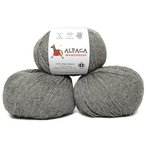 100% Baby Alpaca Yarn Wool Set of 3 Skeins DK Weight - Made in Peru - Heavenly Soft and Perfect for Knitting and Crocheting (Soft Gray, DK)