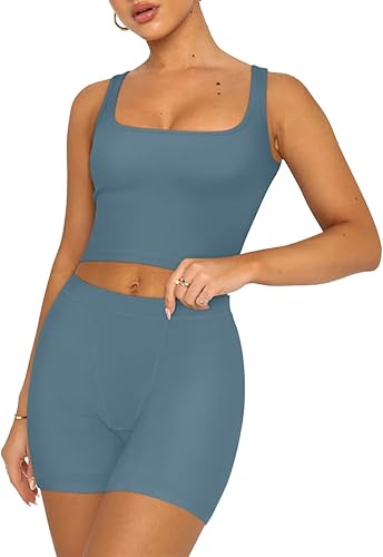 REORIA Matching Workout Sets for Women 2 Pieces Sleeveless Ribbed Crop Tank Mid Waist Shorts Lounge Yoga Outfits Active Wear