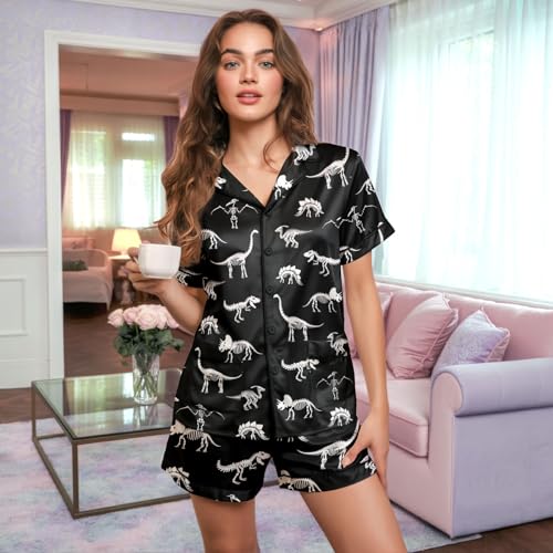 Image of HUNTFAMI Womens Soft Silky Satin Pajamas Set, 2 Pcs Sleep Short Pajamas for Mom and Grandma Button Down Summer Loungewear