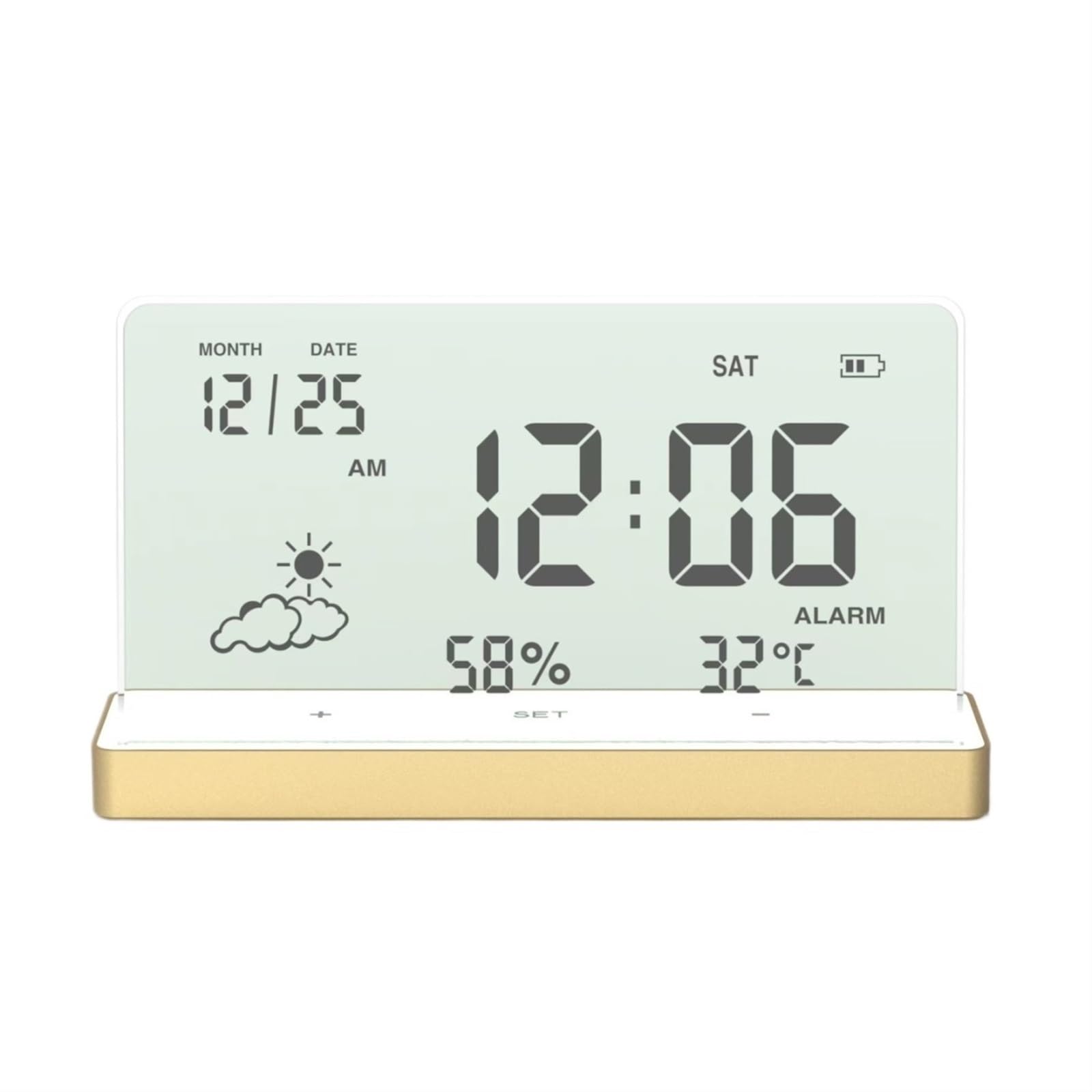 PBENO Alarm Clocks Bedside Multifunctional Simple Weather Temperature Silent Digital Transparent Electronic Alarm Clock(Gold a)