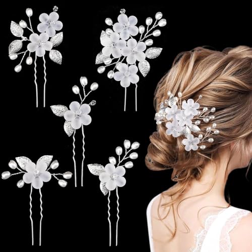 5 Pièces Épingles à Cheveux de Mariage, Accessoire Cheveux Mariage, Épingles à Cheveux avec Perles et Fleur, Pince Fleurs en forme de U pour Marriage...