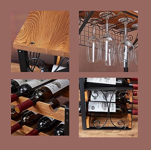 X-Cosrack 2 Tier Solid Wood Wine Rack, Countertop Wine Storage Stand,Hold 8 Wine Bottles And 6 Glasses, Freestanding Wine Holder Display Shelves For Kitchen, Pantry, Cellar, Bar #TOP4