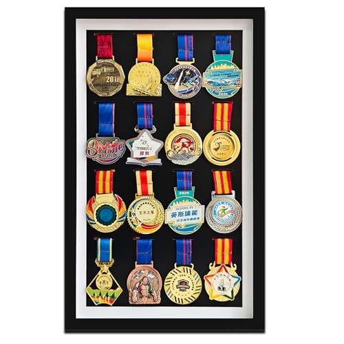 Image of Medal Display Case, 16 Medals Display Case Shadow Box Frame | Black, 21.7x13.4x1.2 in, Solid Wood+Tempered Glass, Wall Mount, Large Marathon Medal Display Frame for All Sports Medal