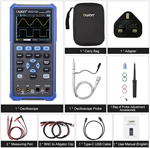 Benkeg HDS2102S 3 in 1 Handheld Digital Oscilloscope Multimeter Waveform Generator 100MHz 500MSa/s Dual Channels Oscilloscope True RMS 20000 Counts Multi Tester 3.5-inch Color LCD Rechargeable Type-C