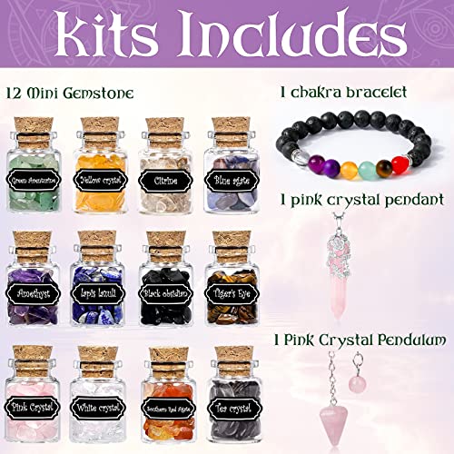 Yixangdd Healing Stones-Healing Crystals Set Including 7 Chakra Stones, 7 Tumbled Stones,12 Mini Gemstones Bottles，Pendulum，Bracelet,Pink Crystal Pendant，Quartz Geode& Selenite #TOP1