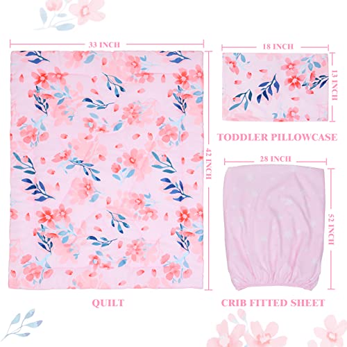 Image of JISEN 3 Piece Crib Bedding Set Crib Quilt Crib Sheet Pillowcase - Soft Microfiber Printed Nursery Set for Baby Boys or Girls Pink Flowers