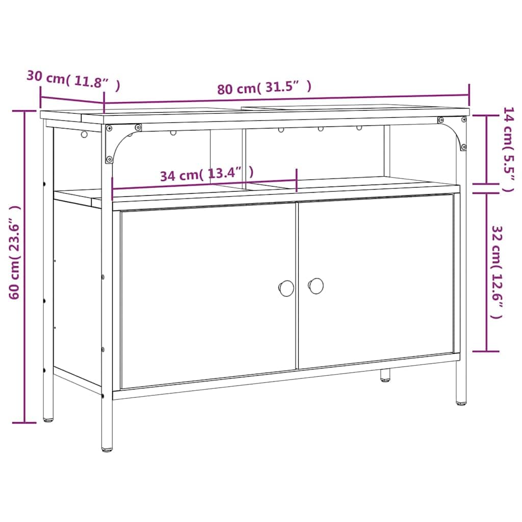 Mobile sottolavabo in legno di rovere affumicato, 80 x 30 x 60 cm, con vano portaoggetti, cassetto e porta, mobile da bagno salvaspazio per WC degli ospiti, montaggio a parete