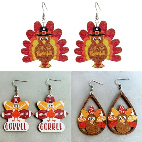 4 Pairs Fall Thanksgiving Drop Dangle Earrings for Women Lightweight Autumn Wooden Teardrop Earrings Cute Colorful Pumpkin Maple Leaf Sunflower Turkey Earrings4