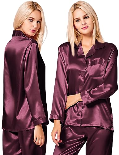 Image of SWOMOG Long Sleeve Pajamas Set Silk Satin Sleepwear Button Down Pjs Loungewear with Pocket