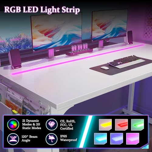 Image of DurayLoly 40 inch Computer Desk with Waterproof LED Lights,Bedroom Study Desk for Teens,Dorm Room Essentials,Headphone Hook&Storage Bag for Small Spaces,Sturdy Metal Frame,White