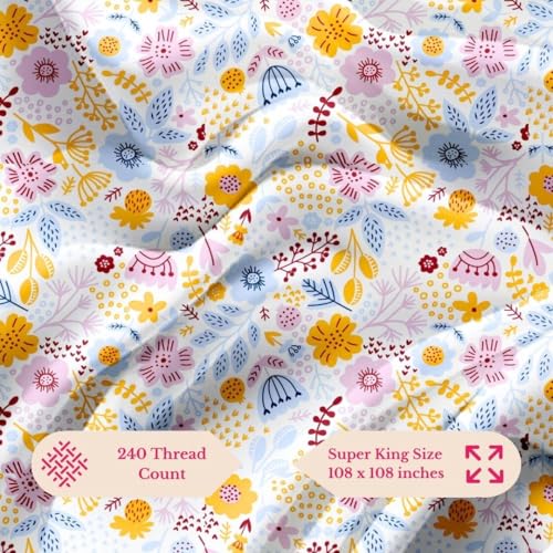 Image of Jaipur Weaves Cotton King Size Bedsheet 108x108 Super King, 100% Pure Cotton Bed Sheet with 2 Pillow Covers, 240 TC Soft Breathable Floral Design Bedding - (Sunny Delight, Super King) Multicolour