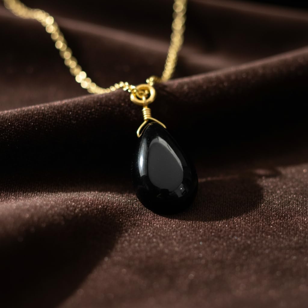 Natural Black Onyx Pear Shape Pendant Necklace for Women | Gold Plated Hypoallergenic Protection Crystal Jewelry | Strength & Grounding Stone 16"+2" (Black Onyx) - Image 6