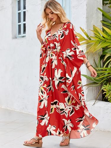 Image of Moss Rose Kaftan Dresses for Women V Neck Summer Swimsuit Cover up Caftan Maxi Beach Dresses