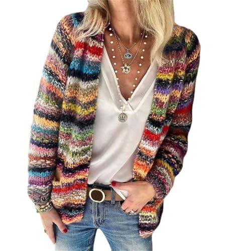 Godoboo Damen Strickjacke Regenbogen Cardigan Pullover Winter Strickpullover Elegant Offen Langarm Outwear Strickmantel Warm Strickpullover Herbst Winter Strickcardigan