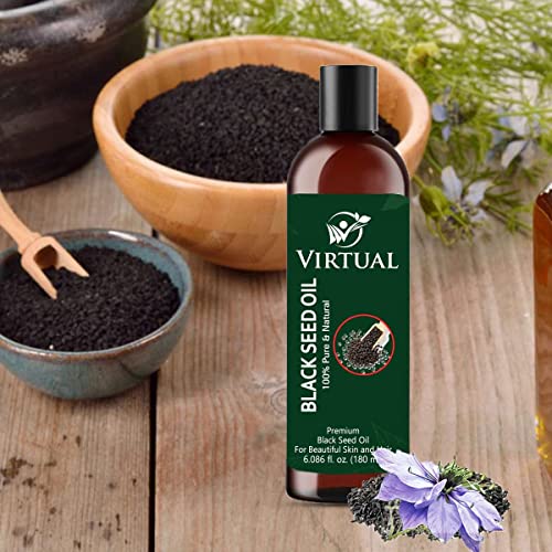 Image of VIRTUAL Pure Essential Oil For Stronger Hair, Body Skin Care, Moisturising Dry Skin Pure Black Seed Oil For Hair Growth, Skin Care, Cold Pressed Natural Kalonji /Nigella Sativa Oil 180 ML (pack of 2)