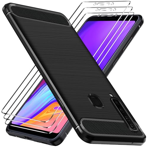 ivoler Funda para Samsung Galaxy A9 2018 con 3 Piezas Cristal Templado, [Protección Militar] Carcasa Protectora Antigolpes, Fina Suave TPU Silicona Caso Anti-Choques Case, Negro