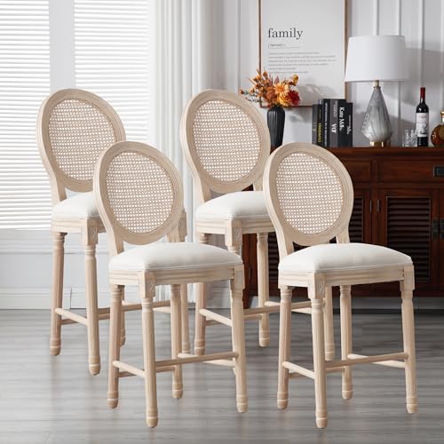 Butacos de estilo francés, juego de 4, altura 26 pulgadas, estructura de madera maciza y asiento tapizado en lino, diseño rústico y elegante, ideal para isla de cocina o comedor (Beige)