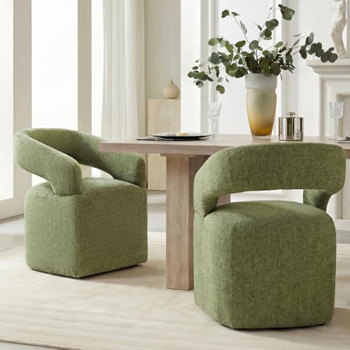 Image of KISLOT Upholstered Dining Chairs Set of 2, Modern Arm Kitchen & Dining Room Chairs with Hidden Casters, Linen Fabric Padded Rolling Chairs, Sturdy Wood Frame, 300 lbs Capacity, Moss Green
