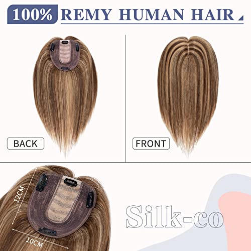 Silk-co 10inch Hair Topper for Thinning Hair Women Clip in Real Remy Human Hair Extensions Top Piece Base Size 10 * 12cm Silk+Lace Base (#4P27 Medium Brown&Dark Blonde) - Image 2