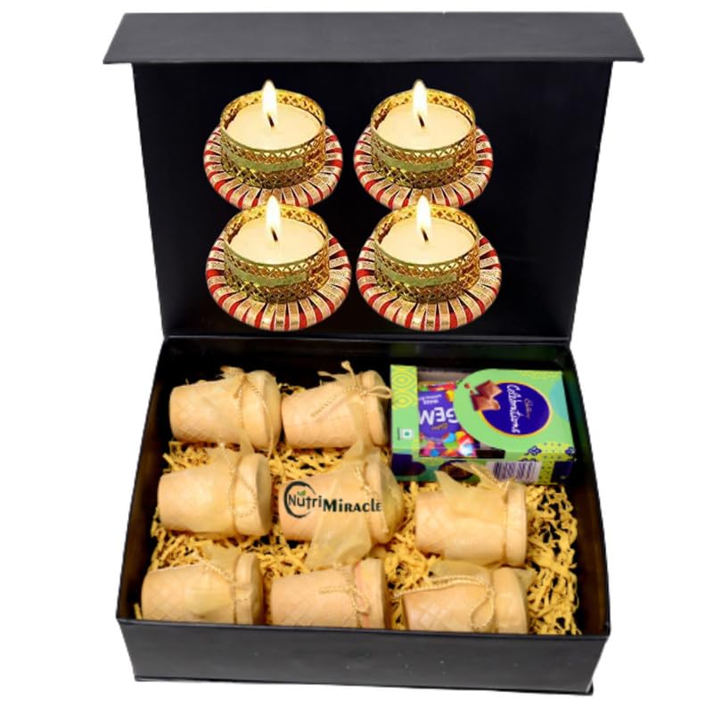 Image of NUTRI MIRACLE Deepawali Eco-Friendly Dry Fruits and Chocolate Hamper with Diya | Assorted Gourmet Diwali Treats