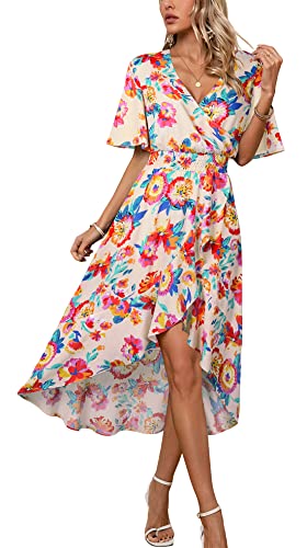 Image of Kormei Women Short Sleeve V Neck Floral High Low Flowy Summer Party Long Maxi Dress