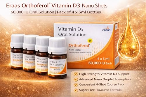 Image of Eraas Orthoferol Vitamin D3 60,000 IU Nano Shots | Sugar Free Cholecalciferol | Weekly Dose for Bone Strength, Immunity & Muscle Health | Sugar Free Liquid Supplement | 4x5ml Bottles