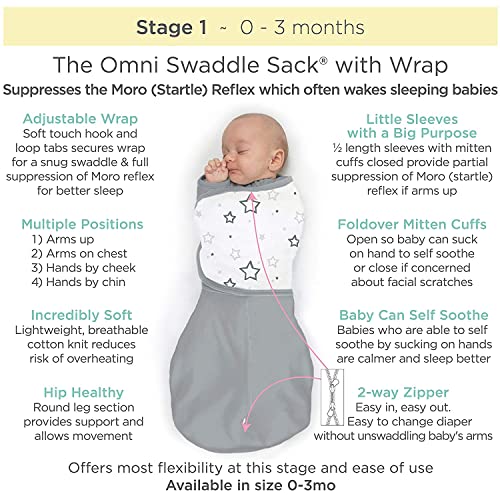 Image of Amazing Baby Omni Transitional Swaddle, Swaddle Sleep Sack with Wrap & Arms Up Sleeves & Mitten Cuffs, Gray Stars, Small, 0-3 Months