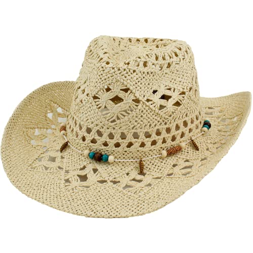 Sombrero de Cowboy de Paja Vaquero Panamá con Banda Occidental Unisex Talla Única Hombre Mujer para Verano (XH-117 Beige)