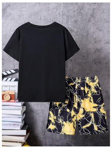 Image of GORGLITTER Boy's Summer Outfits Letter Print Short Sleeve T Shirts Elastic Waist Track Shorts 2 Piece Clothing Set Black and Yellow 13-14Y